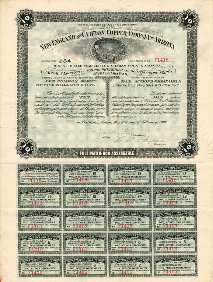 New England and Clifton Copper Co. of Arizona - Stock Certificate